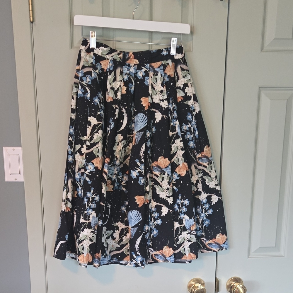 🩵 Hell Bunny Floral A-Line Skirt - Black and Blue